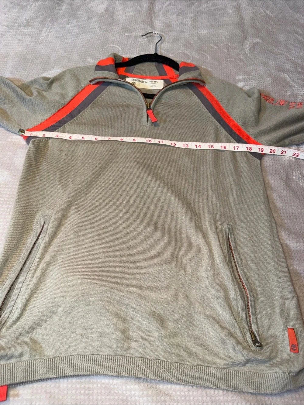 Timberland Tan Quarter-Zip Sweater with Red and Dark Gray Accents Medium